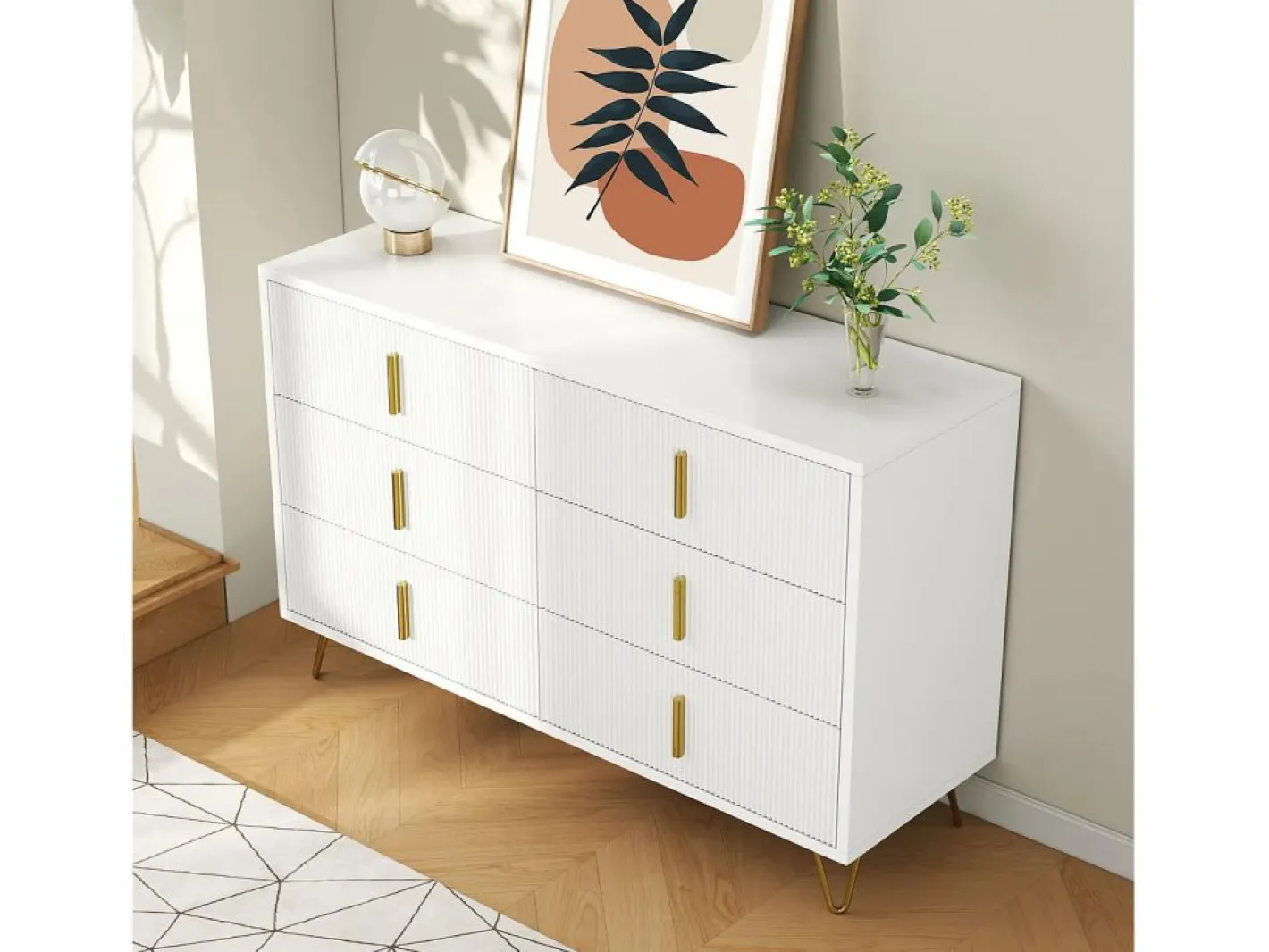 Merax Cómoda con 6 cajones - 120 x 44 x 77 cm - Tablero de partículas y patas de metal dorado - Blanco