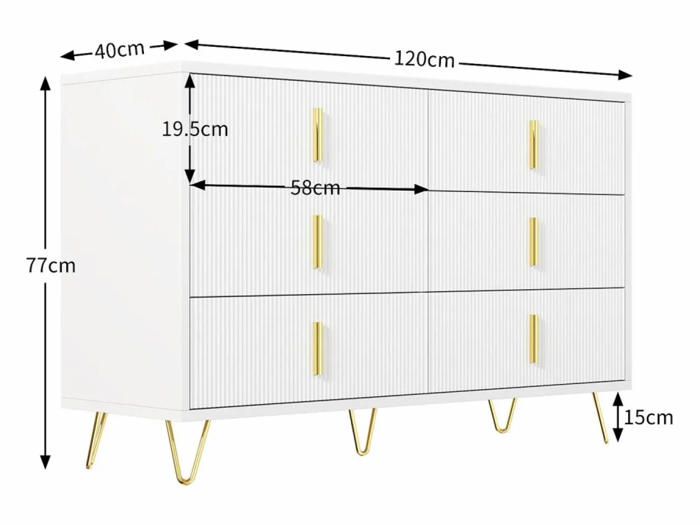 Merax Cómoda con 6 cajones - 120 x 44 x 77 cm - Tablero de partículas y patas de metal dorado - Blanco