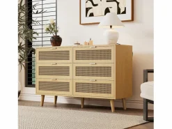 Merax Cómoda con 6 cajones de ratán - 120 x 40 x 76,5 cm - Tablero de partículas + tiradores de metal - Roble Color natural claro Best