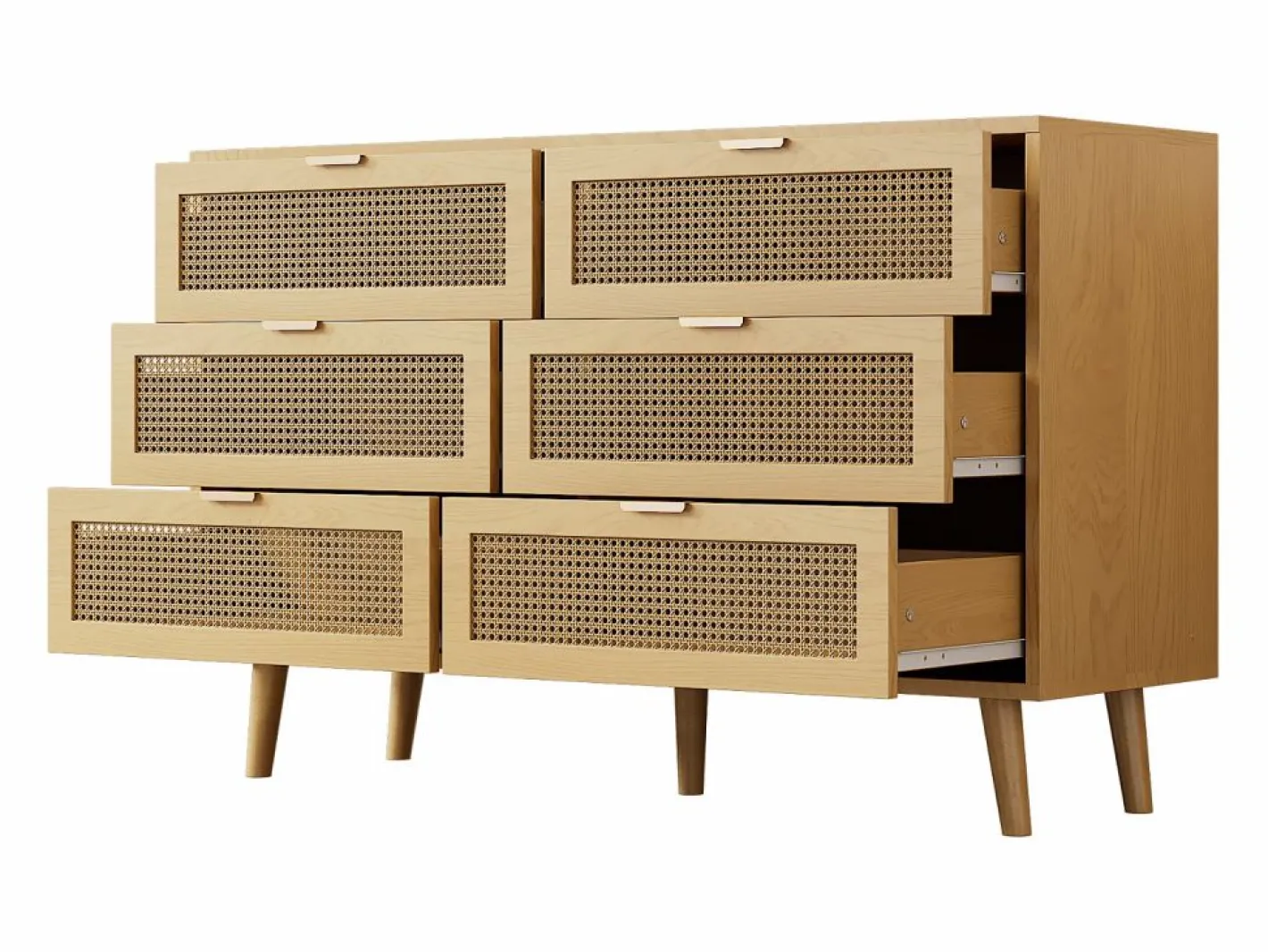 Merax Cómoda con 6 cajones de ratán - 120 x 40 x 76,5 cm - Tablero de partículas + tiradores de metal - Roble Color natural claro Best