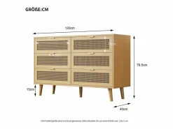 Merax Cómoda con 6 cajones de ratán - 120 x 40 x 76,5 cm - Tablero de partículas + tiradores de metal - Roble Color natural claro Best