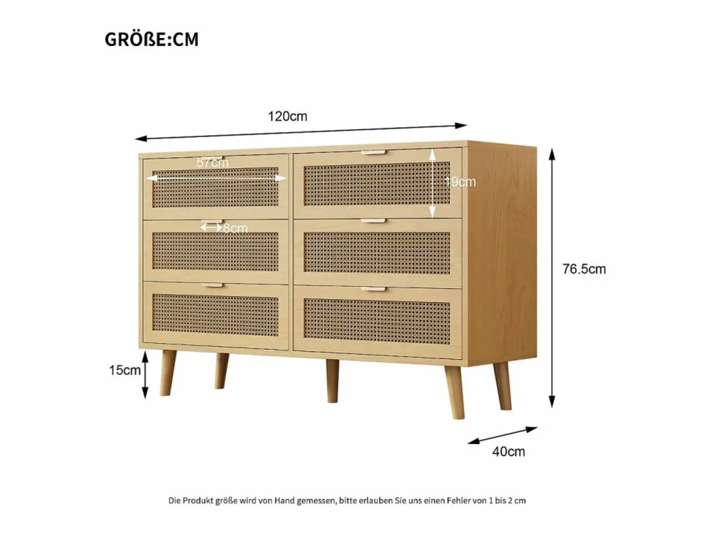 Merax Cómoda con 6 cajones de ratán - 120 x 40 x 76,5 cm - Tablero de partículas + tiradores de metal - Roble Color natural claro Best