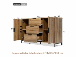 Cómoda con 2 puertas y 3 cajones, 120 x 40 x 76 cm, Tablero de partículas + metal, Roble oscuro^Merax Outlet