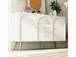 Cómoda con 2 puertas y 3 cajones, 140 x 40 x 84 cm, Tablero de partículas + metal, crema^Merax Best