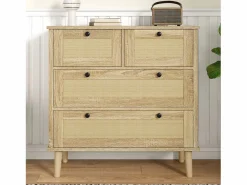 Cómoda de 4 cajones - 80 x 40 x 80 cm - Cajones de ratán - Mueble de almacenaje - Aglomerado - Natural^Merax Sale