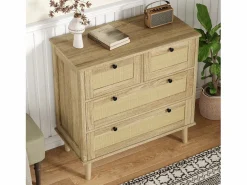Cómoda de 4 cajones - 80 x 40 x 80 cm - Cajones de ratán - Mueble de almacenaje - Aglomerado - Natural^Merax Sale