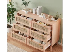 Cómoda de 6 cajones - Cómoda de ratán para dormitorio - Cómoda de madera con tiradores dorados - 100x34x73cm Color natural oscuro Hot