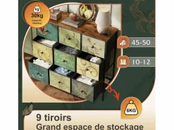 Cómoda de 9 cajones - Mueble de dormitorio - Estructura de metal y tapa de madera - Mueble de almacenaje para salón - Estilo vintage^ Outlet
