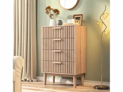 Cómoda de 4 cajones - Tiradores y patas de madera - Diseño de líneas - Cómoda moderna de 4 cajones en madera y ratán^ Clearance