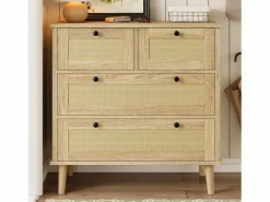 Cómoda de 4 cajones con cajones de ratán y patas de madera maciza, para dormitorio, salón, 80x80x40cm Color natural claro Sale