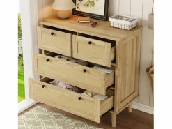 Cómoda de 4 cajones con cajones de ratán y patas de madera maciza, para dormitorio, salón, 80x80x40cm Color natural claro Sale