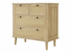 Cómoda de 4 cajones con cajones de ratán y patas de madera maciza, para dormitorio, salón, 80x80x40cm Color natural claro Sale