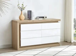 Vente-unique Cómoda de 6 cajones con LEDs MDF blanco lacado y natural - FLARANCIA Color natural claro / Blanco Sale