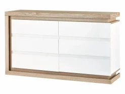 Vente-unique Cómoda de 6 cajones con LEDs MDF blanco lacado y natural - FLARANCIA Color natural claro / Blanco Sale