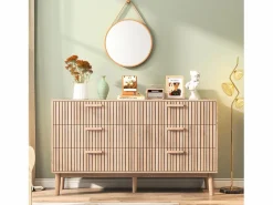 Cómoda de 6 cajones con tiradores de madera y patas de apoyo, para recibidor o salón, color madera^ New