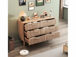 Cómoda de dormitorio de madera y ratán con 6 cajones, mueble de almacenaje multifuncional, armario de madera natural con cajones. Marru00f3n Sale