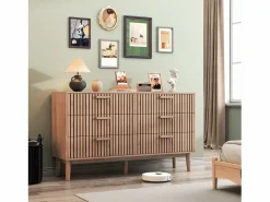 Cómoda de dormitorio de madera y ratán con 6 cajones, mueble de almacenaje multifuncional, armario de madera natural con cajones. Marru00f3n Sale