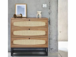Sweeek Cómoda|Cómoda de madera y caña, 3 cajones natural