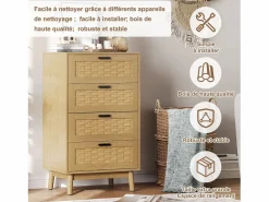 Cómoda de mimbre con 4 cajones - con tiradores y patas - 55 x 39,8 x 95 cm - mueble de almacenaje - color roble Color natural oscuro