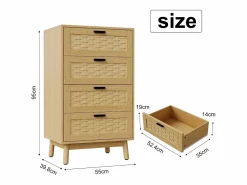 Cómoda de mimbre con 4 cajones - con tiradores y patas - 55 x 39,8 x 95 cm - mueble de almacenaje - color roble Color natural oscuro