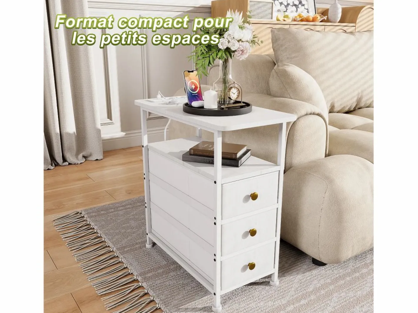 Mesa Auxiliar|Cómoda estrecha de 3 cajones, mesita de noche con función de carga y tira de luz, mesa auxiliar con cajones, 30 x 60 x 62 cm,