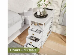 Mesa Auxiliar|Cómoda estrecha de 3 cajones, mesita de noche con función de carga y tira de luz, mesa auxiliar con cajones, 30 x 60 x 62 cm,