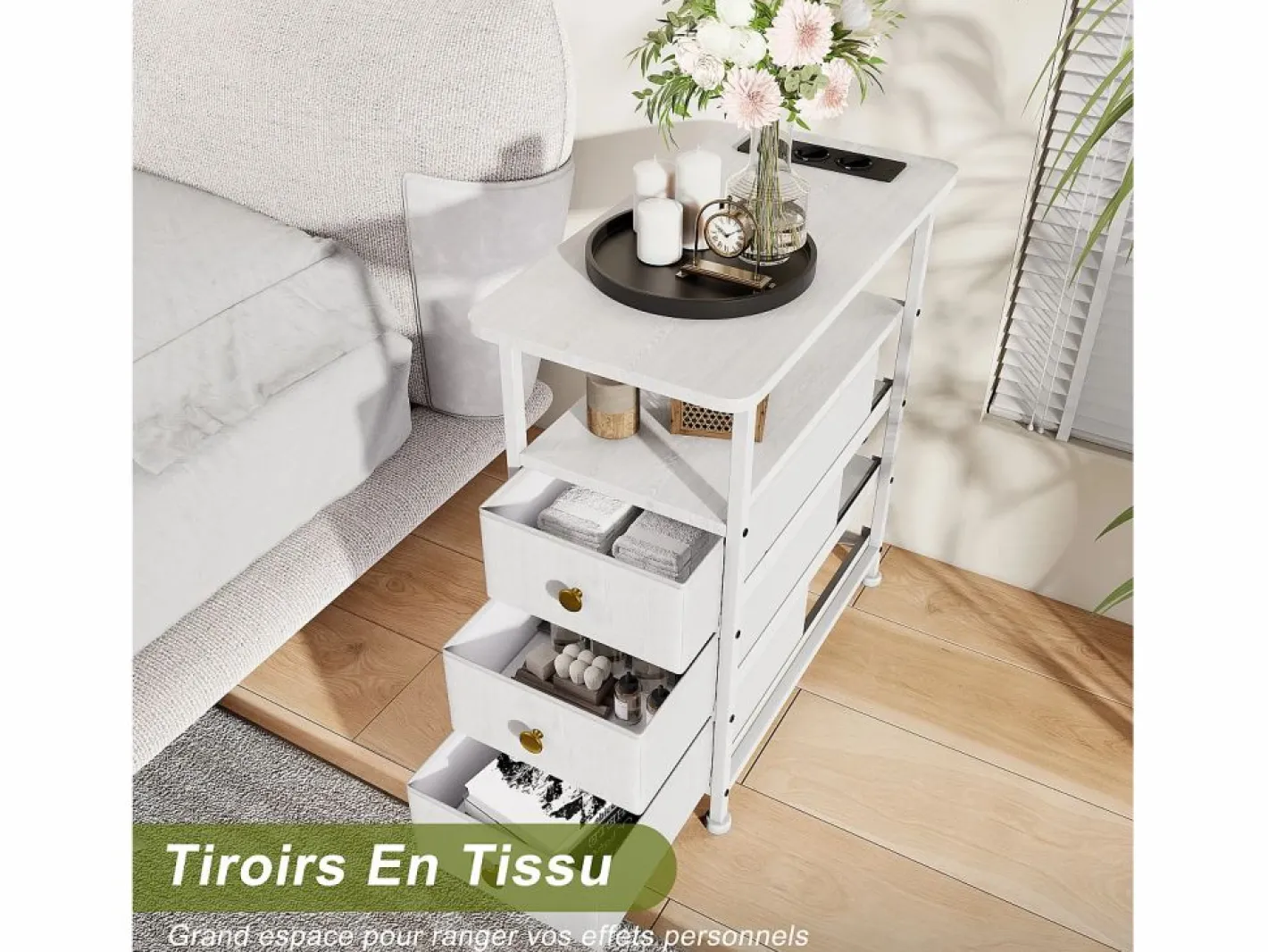 Mesa Auxiliar|Cómoda estrecha de 3 cajones, mesita de noche con función de carga y tira de luz, mesa auxiliar con cajones, 30 x 60 x 62 cm,