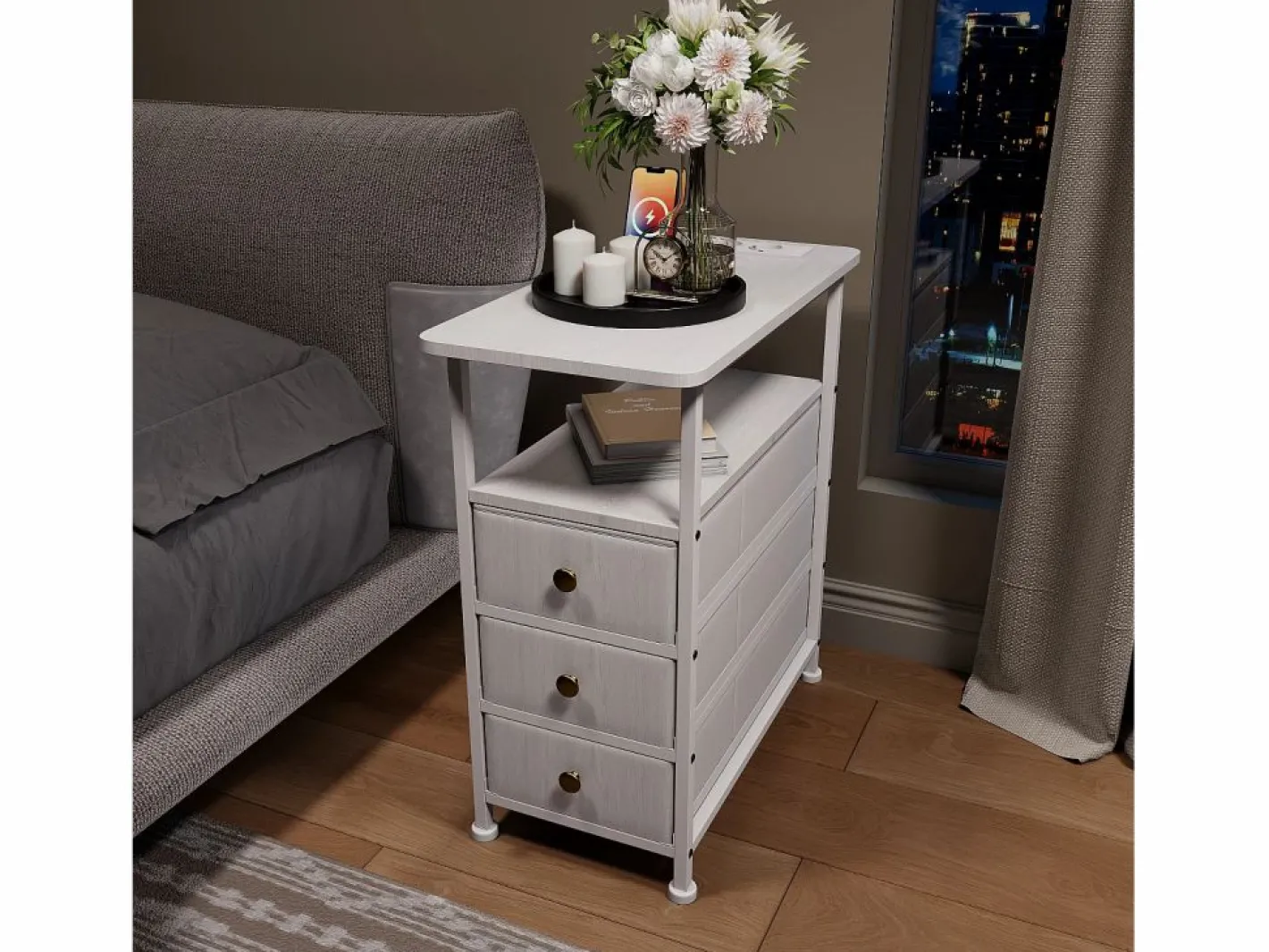 Mesa Auxiliar|Cómoda estrecha de 3 cajones, mesita de noche con función de carga y tira de luz, mesa auxiliar con cajones, 30 x 60 x 62 cm,