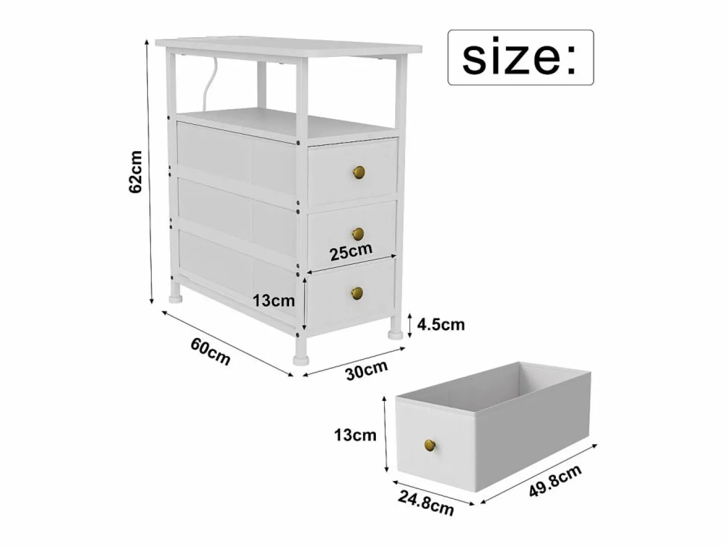 Mesa Auxiliar|Cómoda estrecha de 3 cajones, mesita de noche con función de carga y tira de luz, mesa auxiliar con cajones, 30 x 60 x 62 cm,