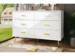 Cómoda moderna de 6 cajones - 120 x 40 x 75 cm - Patas doradas - Puertas tridimensionales - MDF + metal -^Merax Best