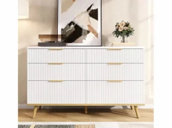 Merax Cómoda moderna de 6 cajones con patas efecto madera - 120 x 40 x 76,5 cm - para salón/dormitorio/pasillo - aglomerado - Blanco Hot