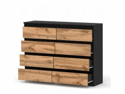 Cómoda|Cómoda moderna de 120 cm en negro mate y roble Wotan – 8 cajones, gran mueble de almacenamiento para el salón