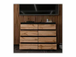 Cómoda|Cómoda moderna de 120 cm en negro mate y roble Wotan – 8 cajones, gran mueble de almacenamiento para el salón