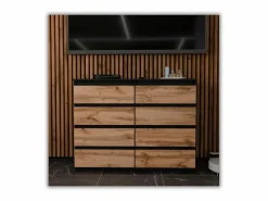 Cómoda|Cómoda moderna de 120 cm en negro mate y roble Wotan – 8 cajones, gran mueble de almacenamiento para el salón