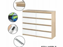 Cómoda moderna de 120 cm en roble Sonoma blanco con 8 cajones – Gran mueble de almacenamiento para el salón^ New