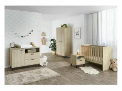 Meublorama Cómoda para bebé robusta con cambiador integrado en color roble claro, colección DANAÉ. Marru00f3n Hot