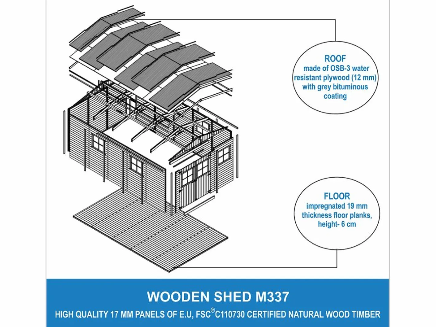 Cobertizo de madera con suelo tratado - 324x516 cm /15 m² - M337+M337G^Timbela Sale