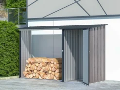 EXPERTLAND Cobertizo para la leña de metal de acero con remise 3,49 m3 2 estéreos Ancho 302 x Prof. 119 x Alt. 190 cm DORWOOD Gris antracita / Color natural oscuro Clearance