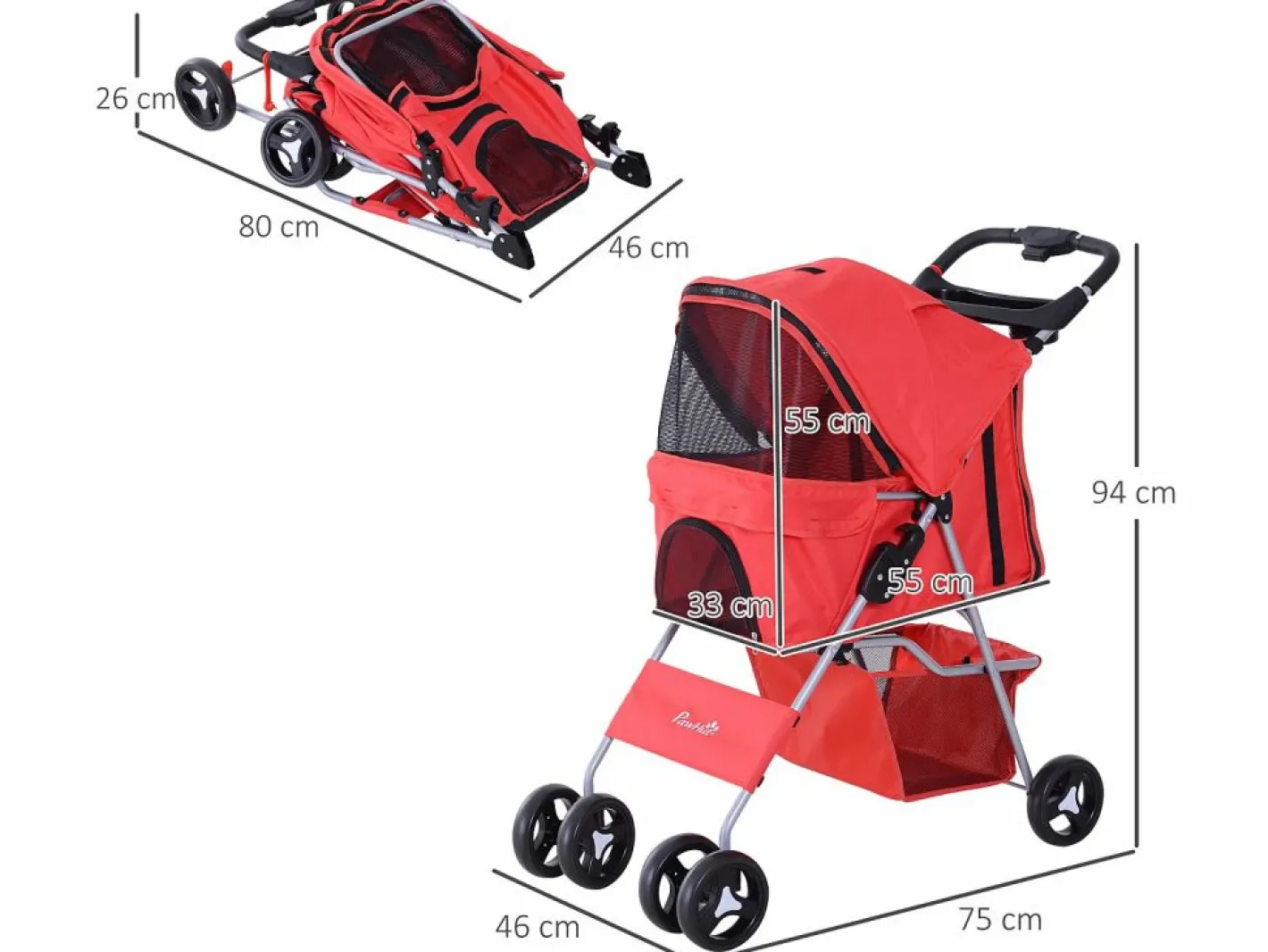 PawHut Transportín De Paseo Para Animales|Cochecito para mascotas 75x46x94 cm