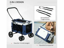 Cochecito para perros 2 en 1, cesta extraíble, poliéster, , con 2 correas de seguridad y plegable (81 x 58 x 97,5 cm)^ Sale