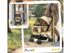 Cochecito para perros y gatos pequeños, diseño plegable con techo ajustable, poliéster marrón (76,5 x 52 x 95 cm)^