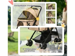 Cochecito para perros y gatos pequeños, diseño plegable con techo ajustable, poliéster marrón (76,5 x 52 x 95 cm)^