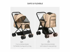 Cochecito para perros y gatos pequeños, diseño plegable con techo ajustable, poliéster marrón (76,5 x 52 x 95 cm)^