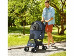 Cochecito plegable para perros y gatos, 4 ruedas con cojín y ventana de malla, poliéster, (81 x 48 x 99 cm)^ Online