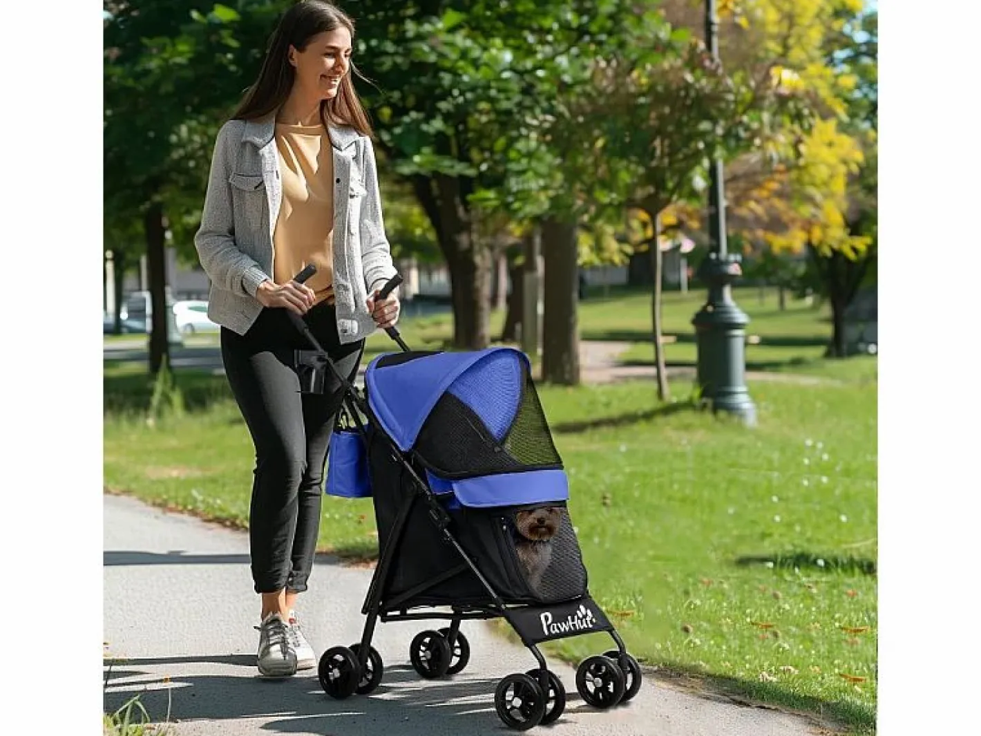 Transportín De Paseo Para Animales|Cochecito plegable para perros y gatos hasta 4 kg, poliéster, oscuro, con ventanas de malla y almacenaje (76x44x103 cm)
