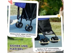 Transportín De Paseo Para Animales|Cochecito plegable para perros y gatos hasta 4 kg, poliéster, oscuro, con ventanas de malla y almacenaje (76x44x103 cm)