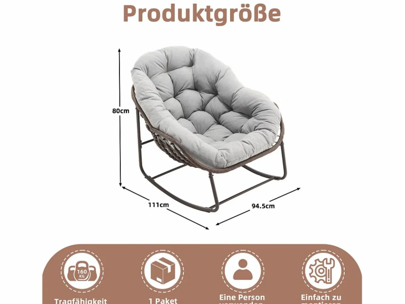 Sillón Escandinavo|Cocon - Mecedora de ratán - Estructura de acero con cojín suave - Para uso en interiores y exteriores