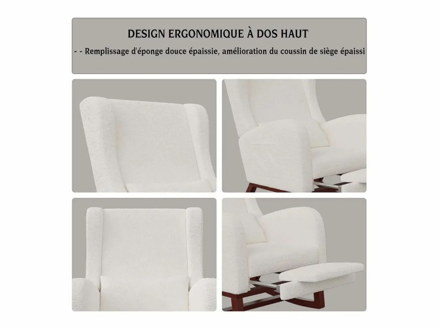 Cojín lumbar con bolsillo lateral y reposapiés, Mecedora, Patas de Madera Maciza, Beige New