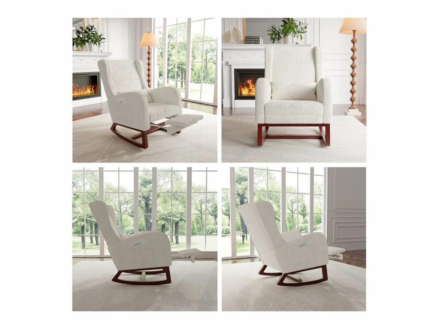 Cojín lumbar con bolsillo lateral y reposapiés, Mecedora, Patas de Madera Maciza, Beige New