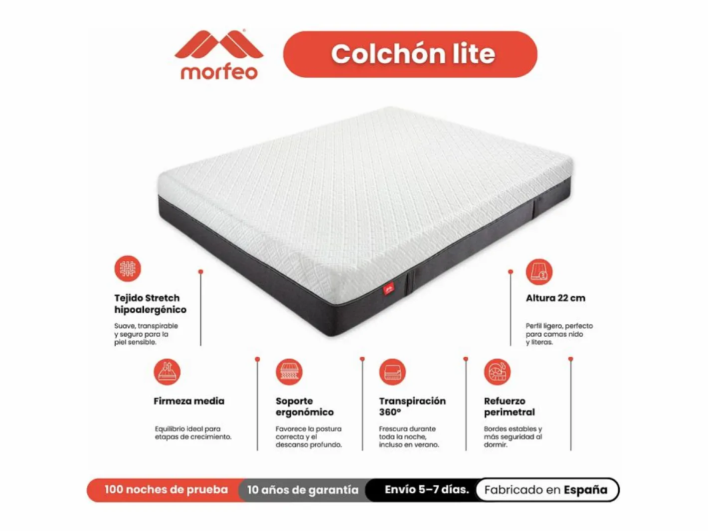 Colchón infantil con viscoelástica Lite 140x190 cm – Ideal para niños^Morfeo Descanso Outlet